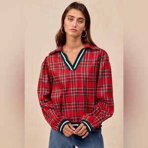 BiBi Christmas Plaid Collared Top with Ruffled Detail